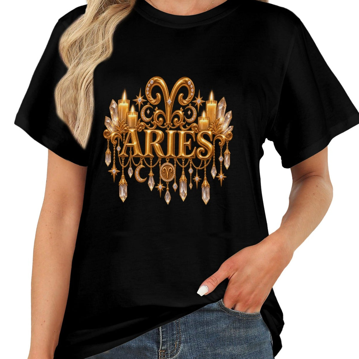 A woman wearing a black short-sleeve T-shirt with a gold Taurus zodiac graphic on the chest, paired with blue jeans against a plain white background.