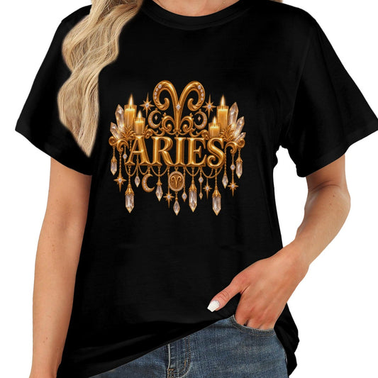 A woman wearing a black short-sleeve T-shirt with a gold Taurus zodiac graphic on the chest, paired with blue jeans against a plain white background.
