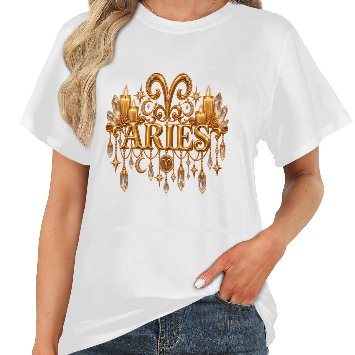 A woman wearing a white short-sleeve t-shirt with a gold Aries zodiac graphic on the chest, paired with blue jeans against a plain white background.