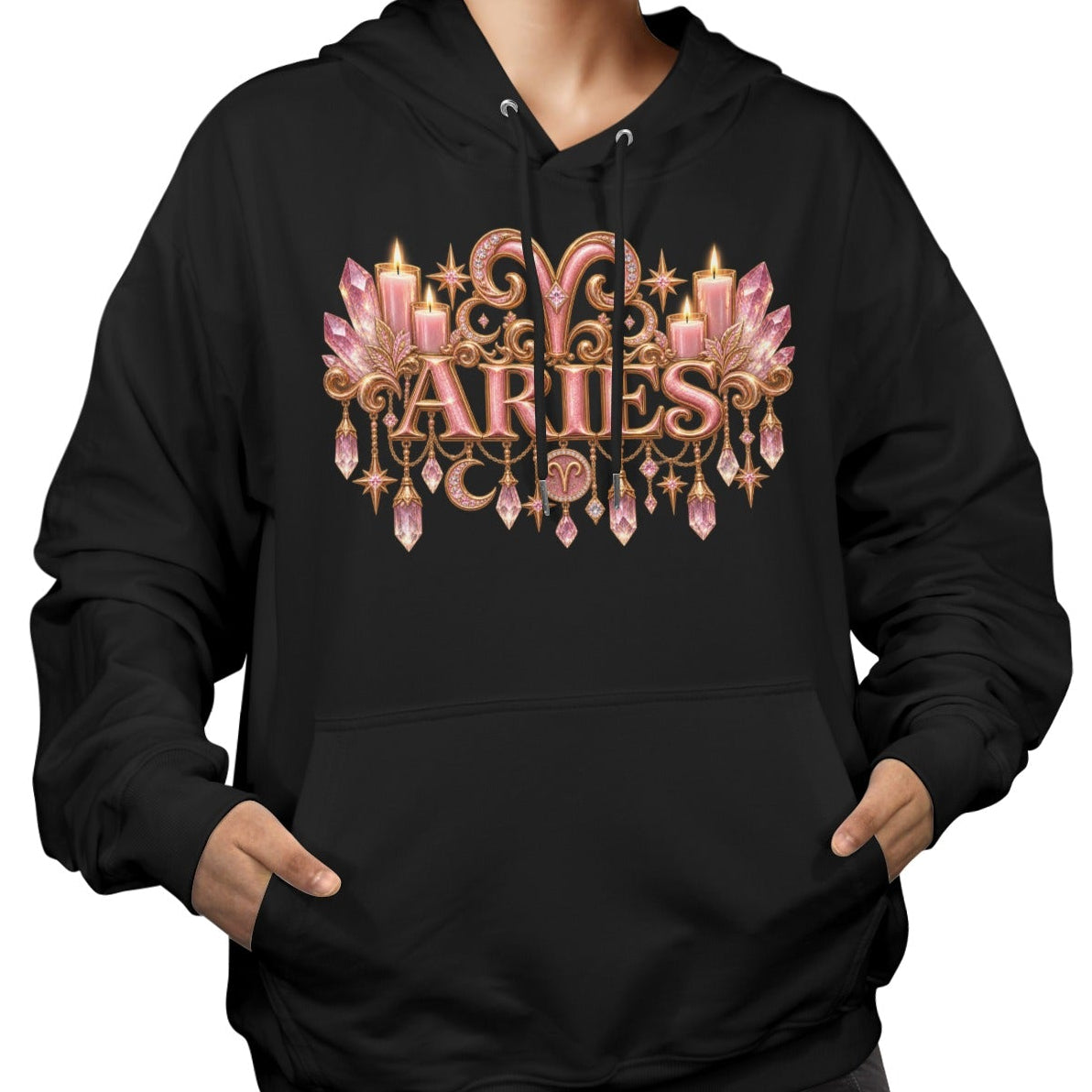 A woman wearing a black pullover hoodie with a pink and gold Taurus zodiac graphic on the chest, shown against a plain white background.