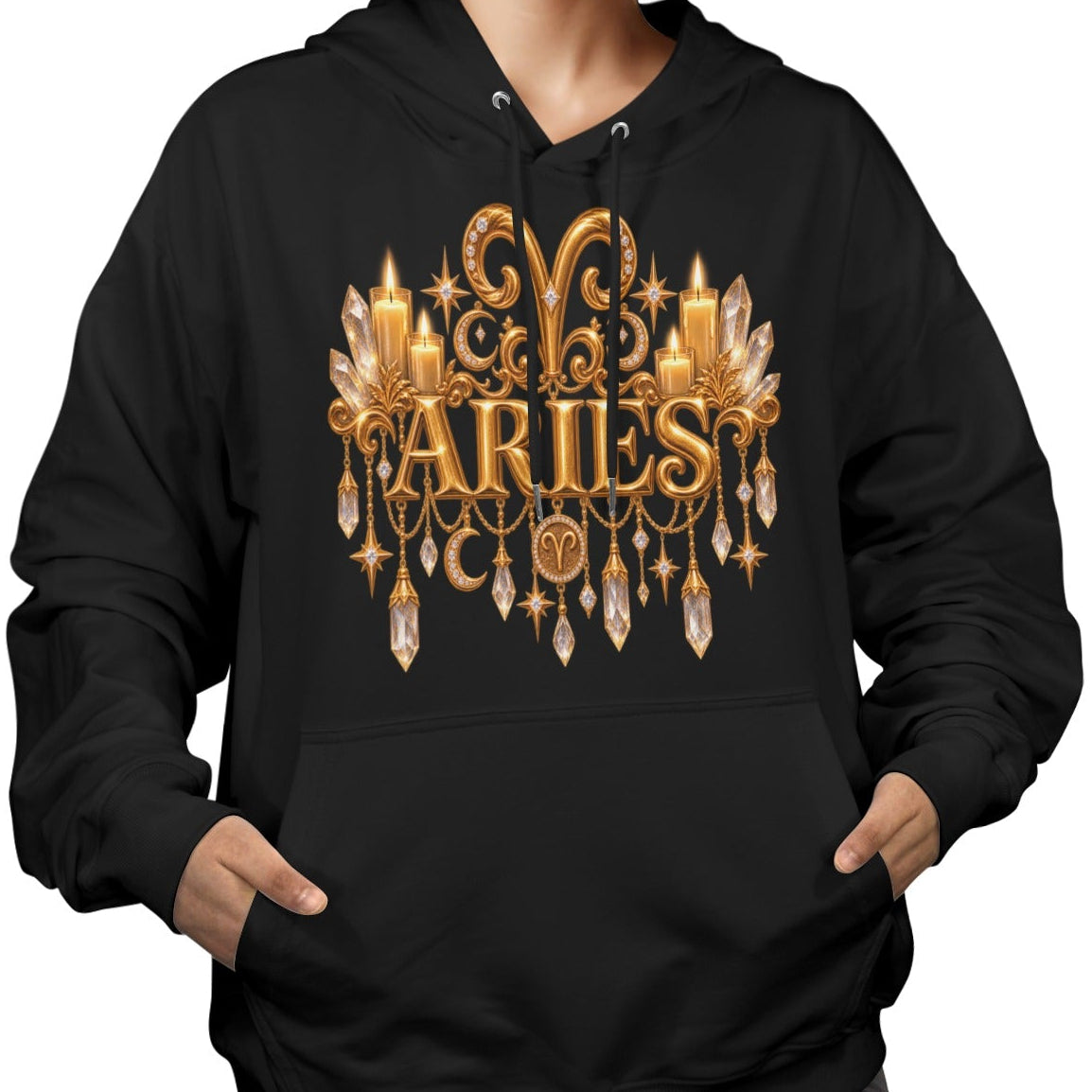 A woman wearing a black pullover hoodie with a gold Taurus zodiac graphic on the chest, shown against a plain white background.