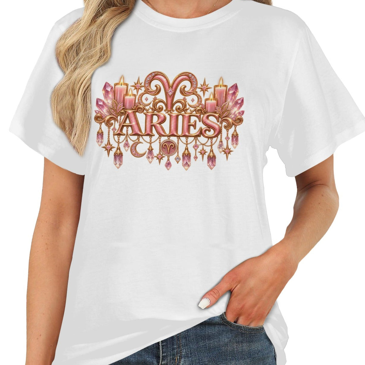A woman wearing a white short-sleeve graphic T-shirt with a black 'SAGITTARIUS' zodiac design across the chest, paired with blue jeans against a plain white background.