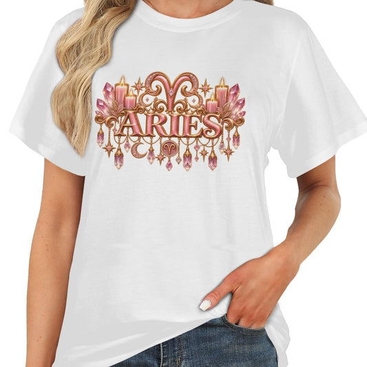 A woman wearing a white short-sleeve graphic T-shirt with a black 'SAGITTARIUS' zodiac design across the chest, paired with blue jeans against a plain white background.