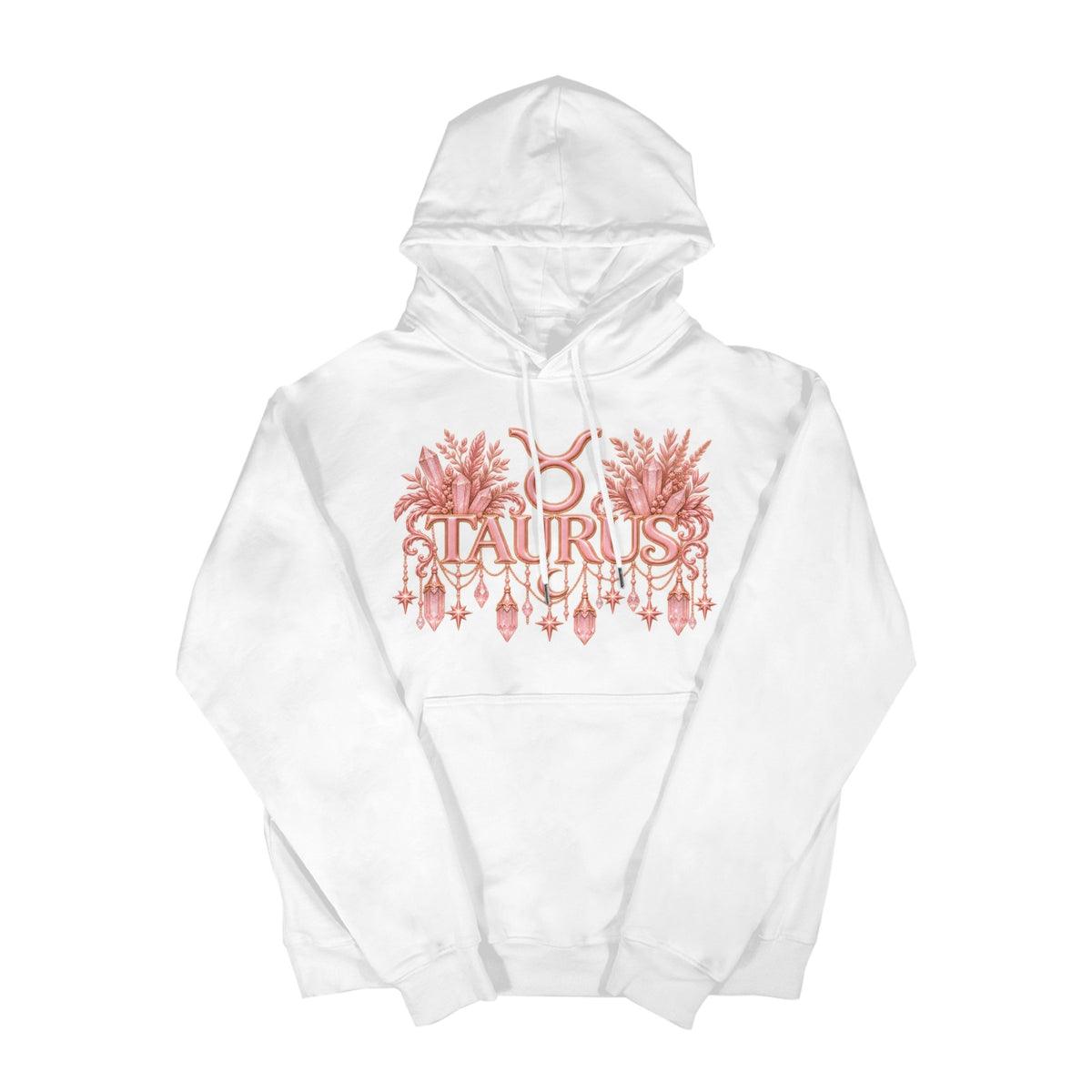 A white pullover hoodie featuring a pinkish-red graphic on the chest with the word 'TAURUS' and a zodiac symbol, displayed against a solid white background.