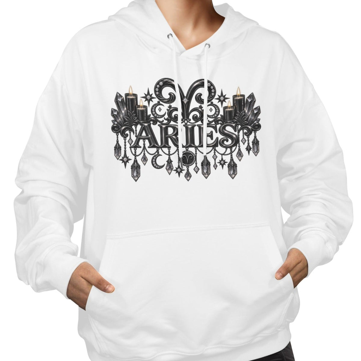 A woman wearing a white pullover hoodie with a black gothic-style graphic on the chest that reads 'FARIES' with ornate decorative elements, paired with black pants against a plain white background.