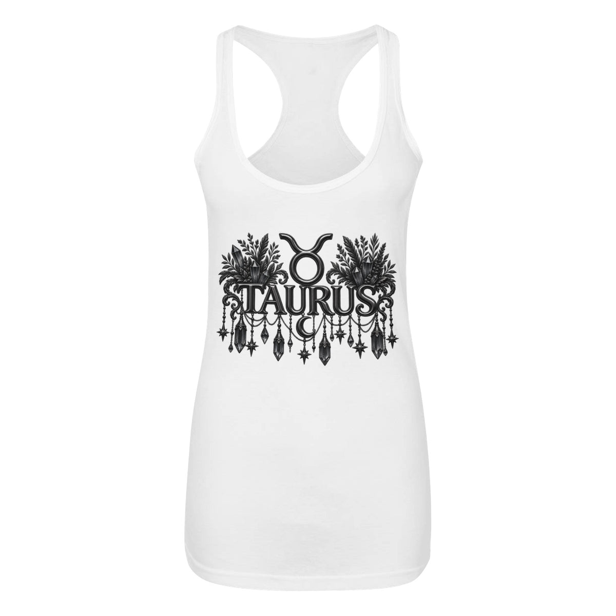 A white racerback tank top featuring a black graphic print of the Taurus zodiac sign with a bull constellation and hanging ornaments on the front, displayed against a solid white background.