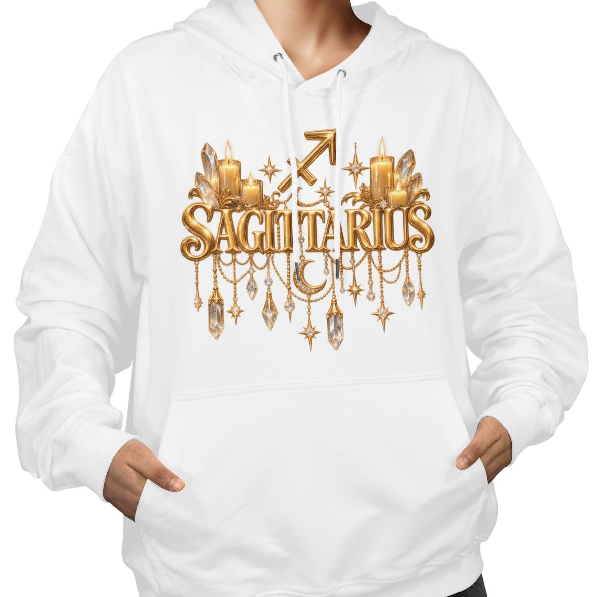 A woman wearing a white pullover hoodie with a gold-colored 'SAGITTARIUS' zodiac graphic on the chest, paired with black pants, against a plain white background.