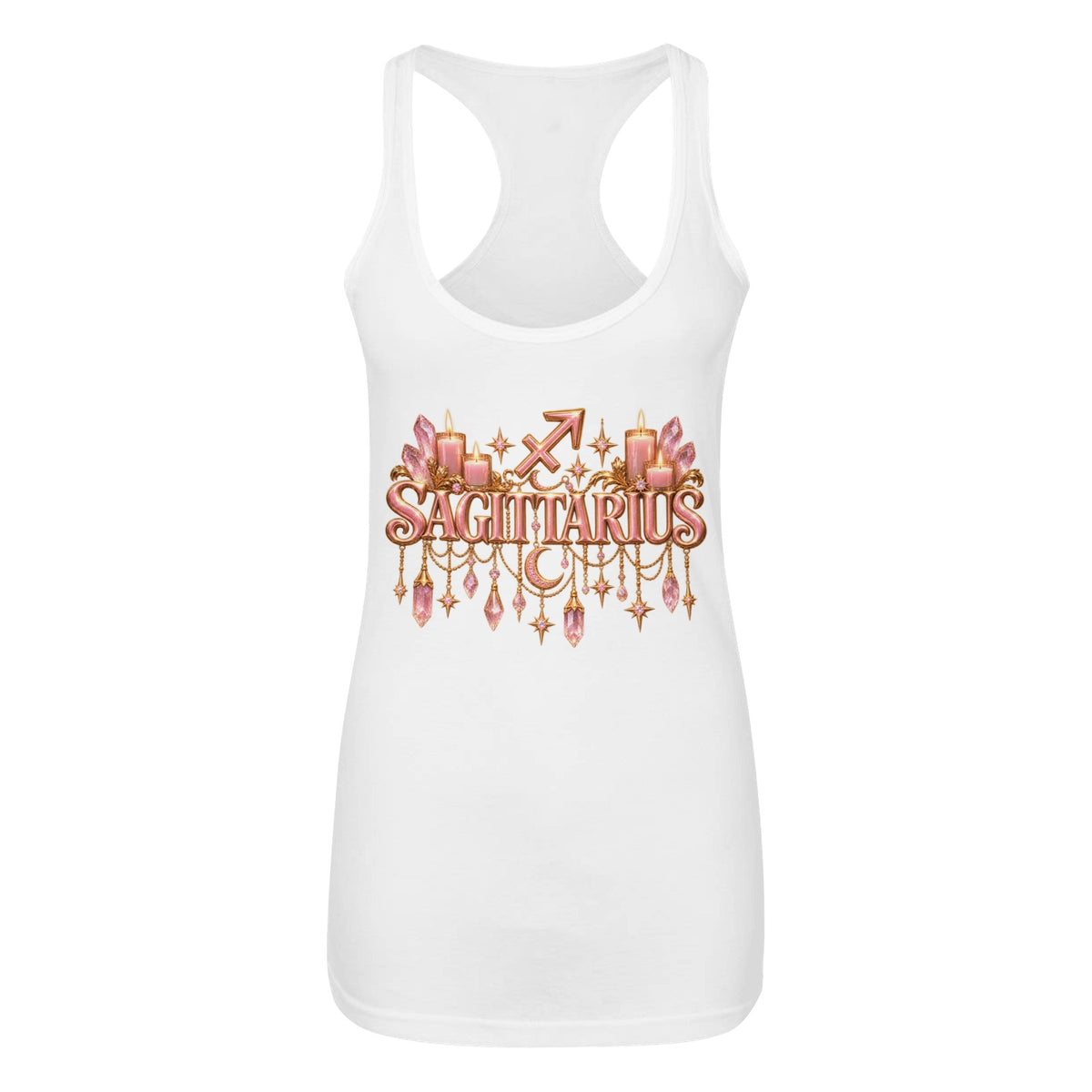 A white racerback tank top featuring a decorative pink and gold 'Sagittarius' zodiac graphic on the front, displayed against a solid white background.