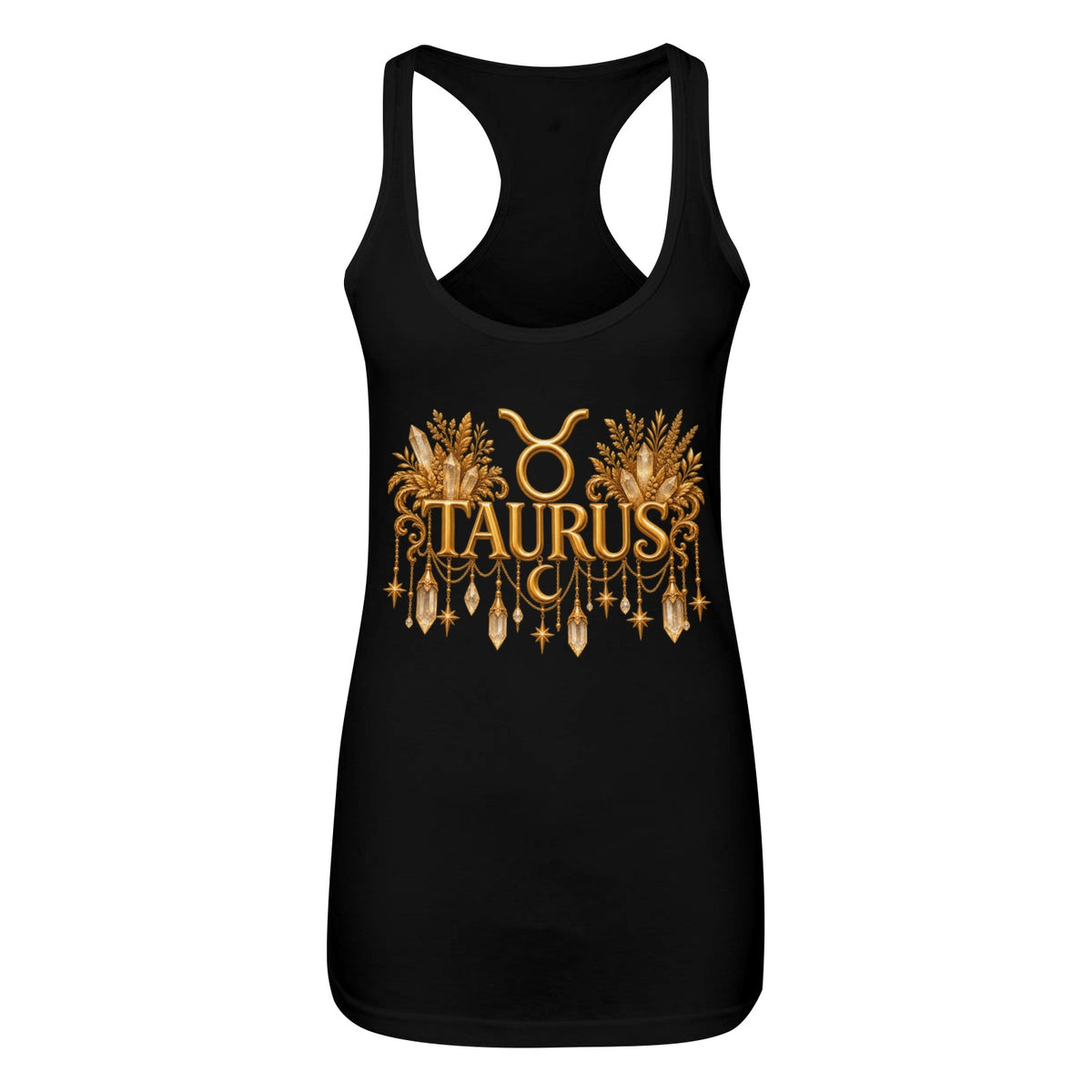 A black racerback tank top featuring a gold Taurus zodiac graphic on the front, displayed against a solid white background.
