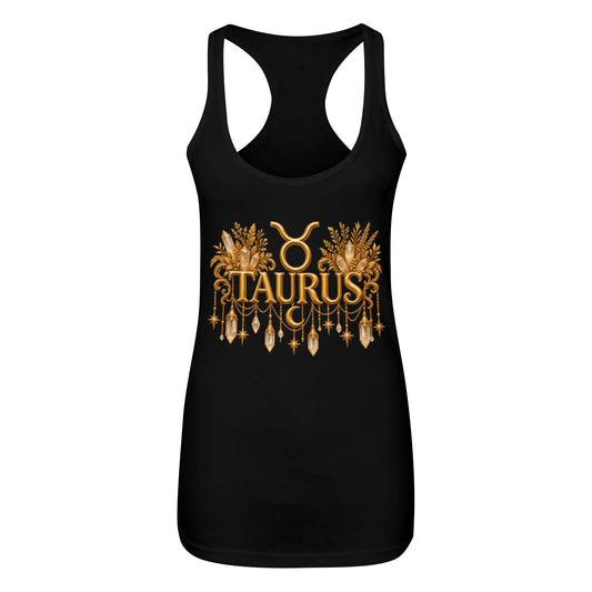 A black racerback tank top featuring a gold Taurus zodiac graphic on the front, displayed against a solid white background.