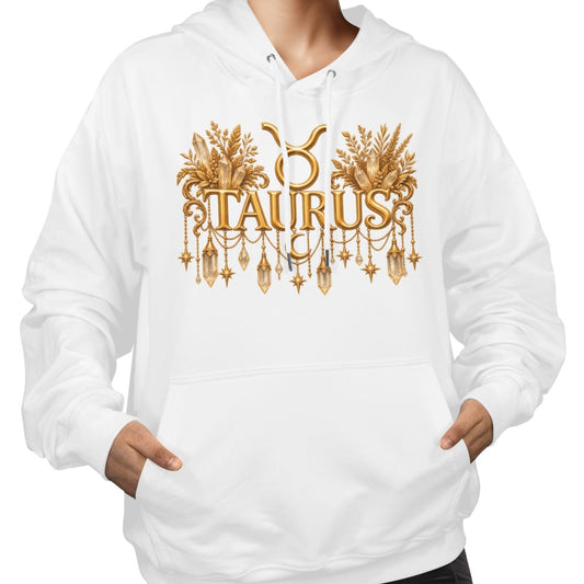 A woman wearing a white pullover hoodie with a gold Taurus zodiac graphic on the chest, paired with black pants, against a plain white background.