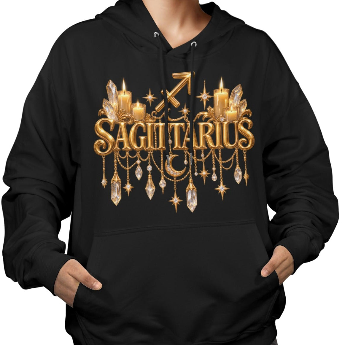 A woman wearing a black pullover hoodie with a gold Taurus zodiac graphic on the chest, shown against a plain white background.