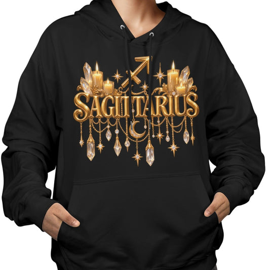 A woman wearing a black pullover hoodie with a gold Taurus zodiac graphic on the chest, shown against a plain white background.