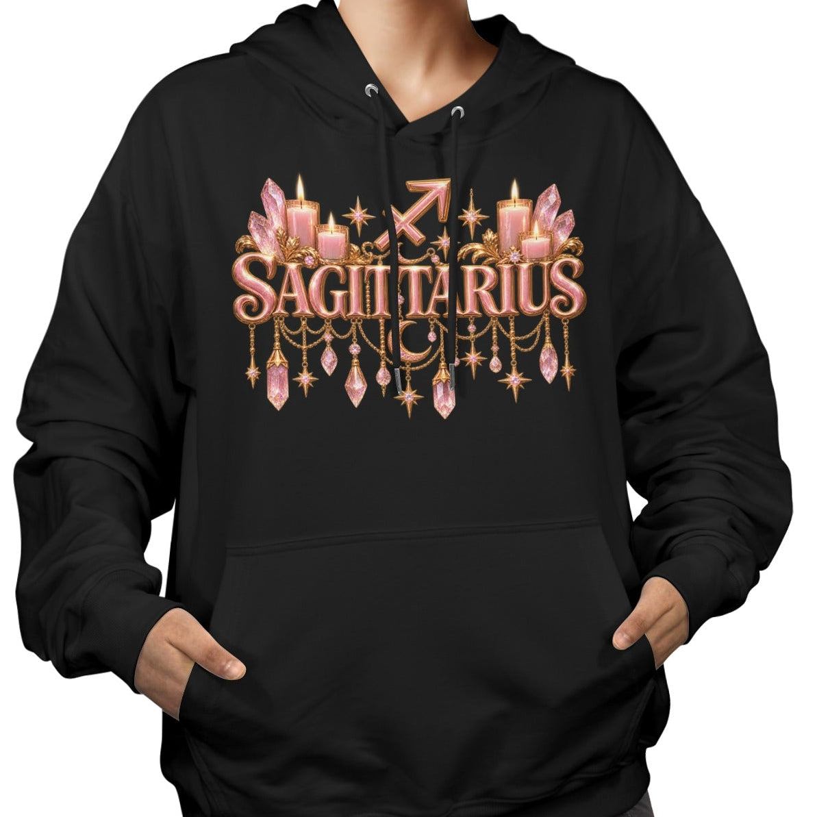 A woman wearing a black pullover hoodie with a pink and gold Taurus zodiac graphic on the chest, shown against a plain white background.