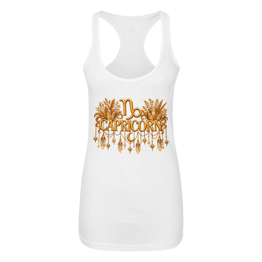 A white racerback tank top featuring a gold graphic print on the front that reads 'No Capricorn' with decorative capricorn motifs and dangling ornaments.