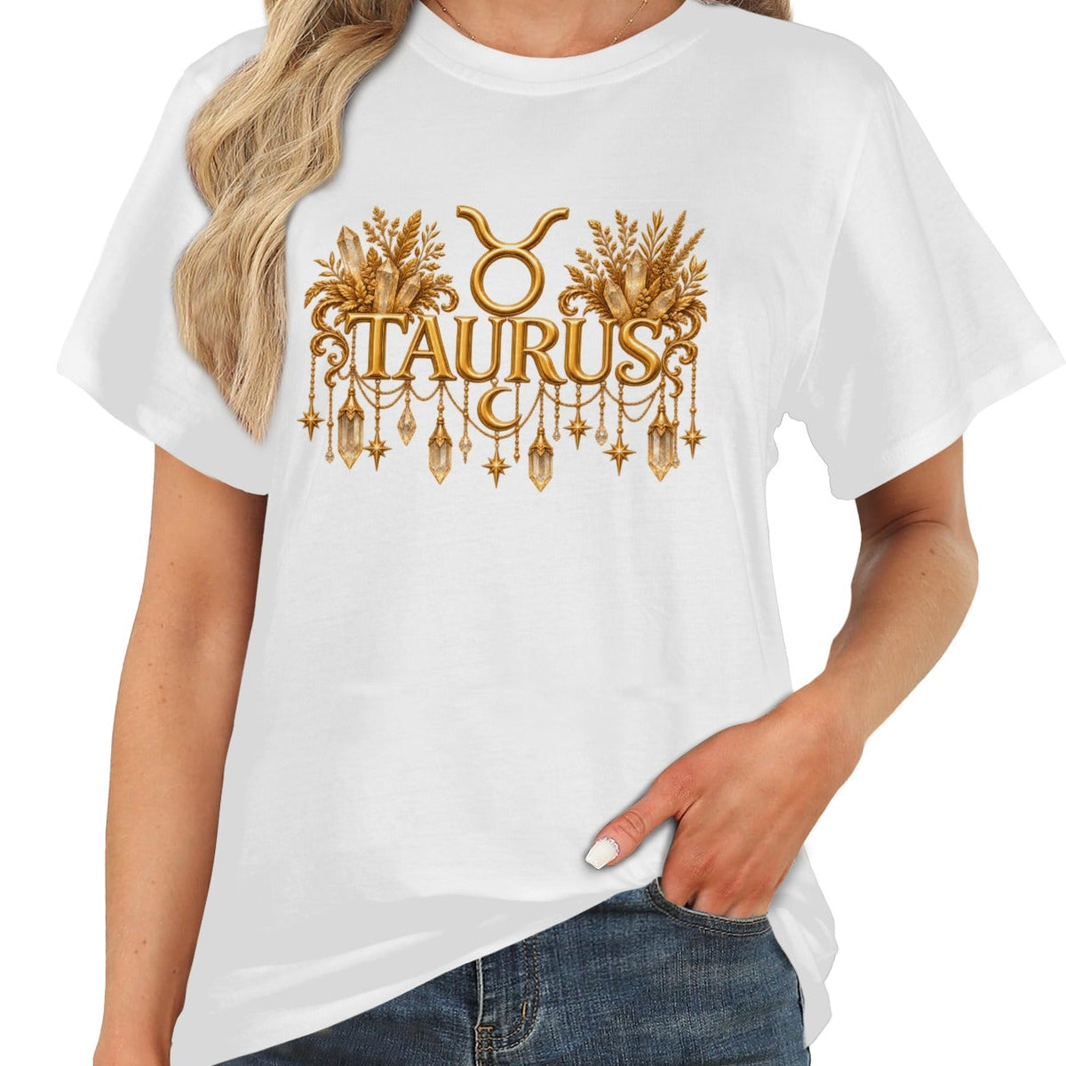 A woman wearing a white short-sleeve t-shirt with a gold-colored 'TAURUS' zodiac graphic on the chest, paired with blue jeans against a plain white background.