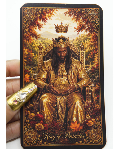 A tarot card featuring the 'King of Pentacles' design, held by a hand. The card depicts a crowned king in a golden robe sitting on a throne, surrounded by autumn foliage.